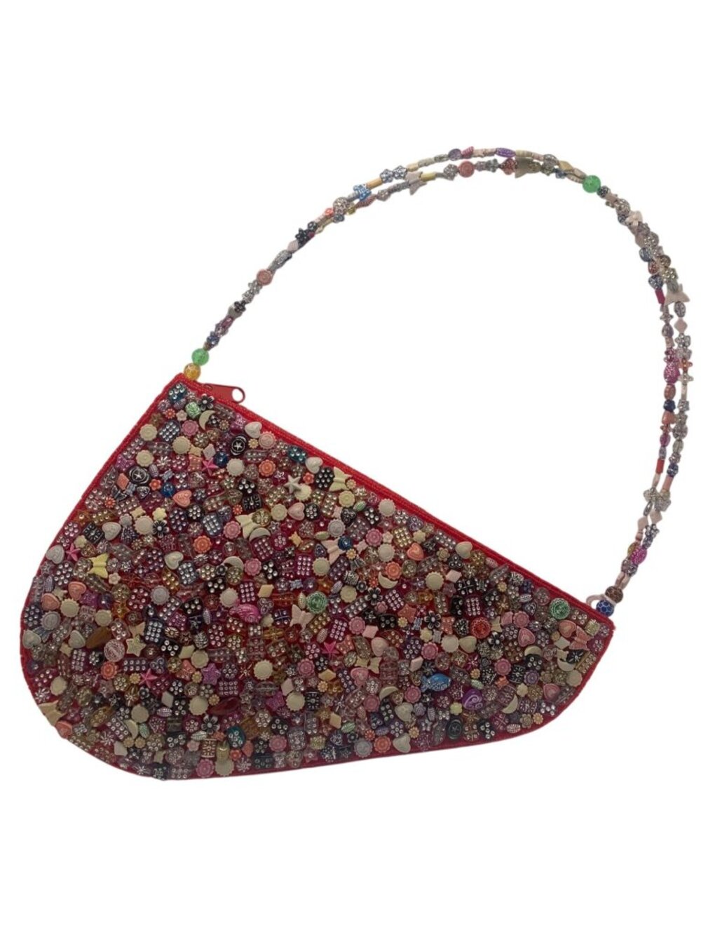 Handmade Red Beaded Shoulder Bag With Multi-Color Embellishments & Unique Bead S